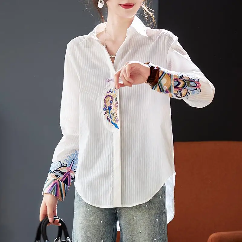 Chinese Style Women\'s 2024 Spring New Spliced Polo Collar Button Embroidery Fashion Loose Striped Long Sleeved Blouses Shirt