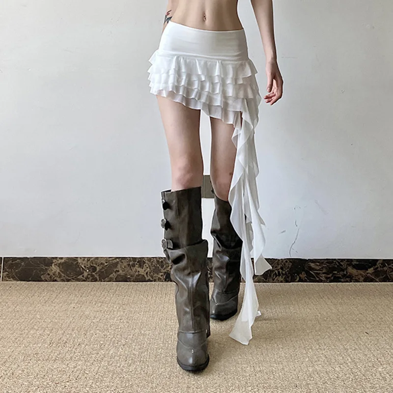 تنورة نصف أنيقة مكشكشة بنمط عطلة جديدة للنساء بخصر منخفض وأشرطة كتف متعددة الوظائف تنورة شبكية جميلة غير منتظمة #1