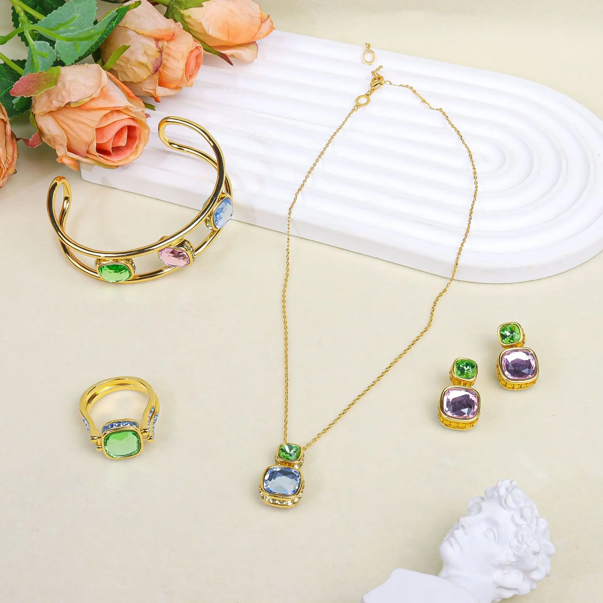 

Exquisite Colored Crystal Geometric Necklace Earnail Bracelet Ring Jewelry Set Octagonal Cutting, Anniversary Gift