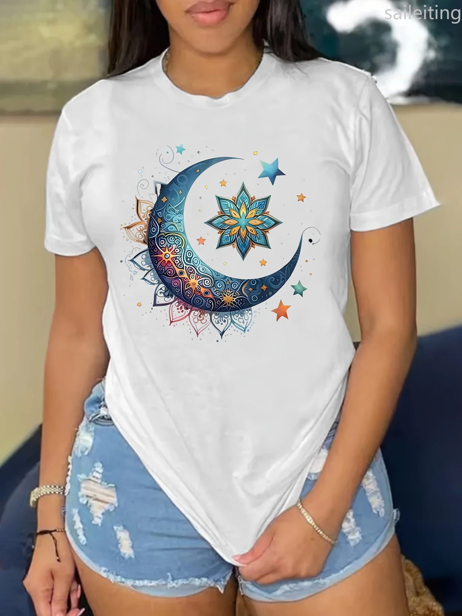 Women'S Casual Crew Neck T-Shirt with Geometric Moon and Stars Pattern Regular Summer Short Sleeved Harajuku Streetwear