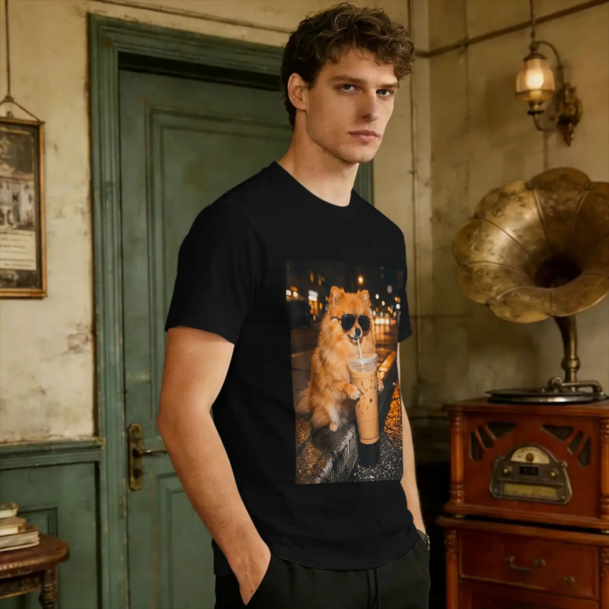 Pomeranian Drinking Iced Coffee Funny Dog Lover Animal Meme T-Shirt Bgwrmcj Cotton T Shirt For Men Beach  Classic T-Shirts Tops