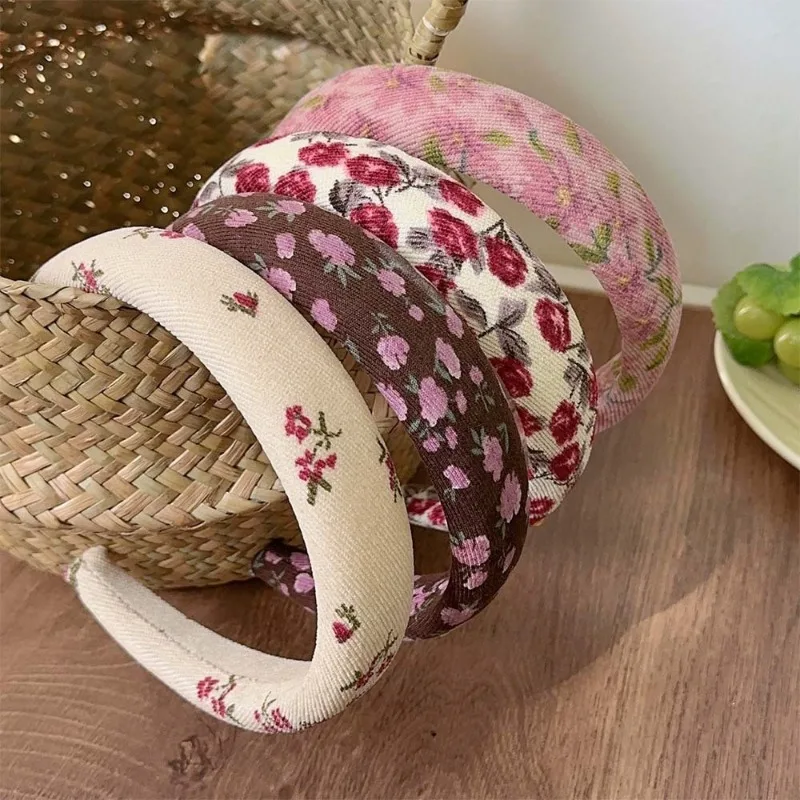 French Style Vintage Floral Twill Cotton High Skull Top Headband Wide Edge Sponge Headband Female New Hairhoop for Hair Washing