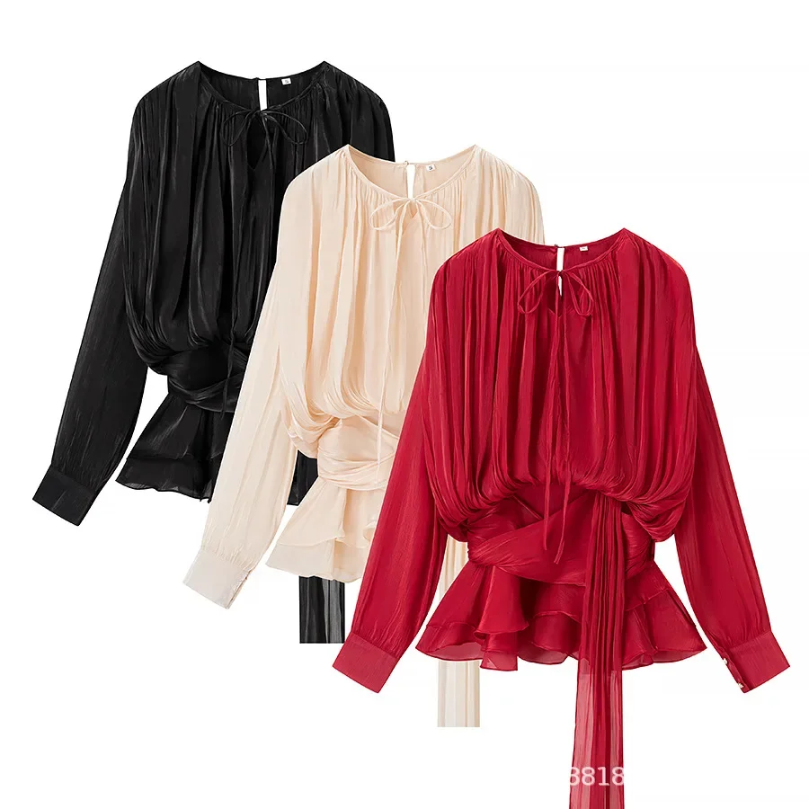 Summer  new collection: European and American style, fashionable, pleated high-waisted, shiny long-sleeved dress and short skirt