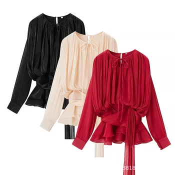 Mini robe plissée à manches longues bouffantes pour femmes, ...