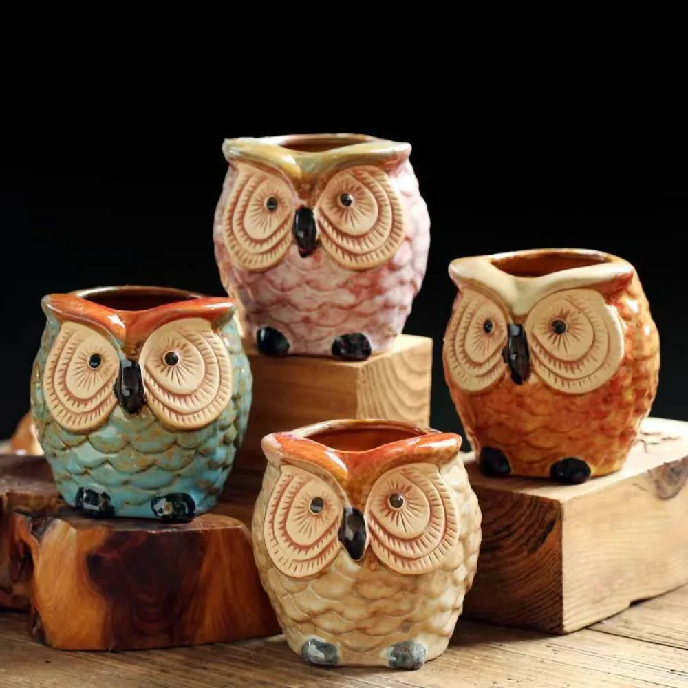 Cartoon simple and creative succulent flower pot breathable thick ceramic size meat thumb pot set owl pot