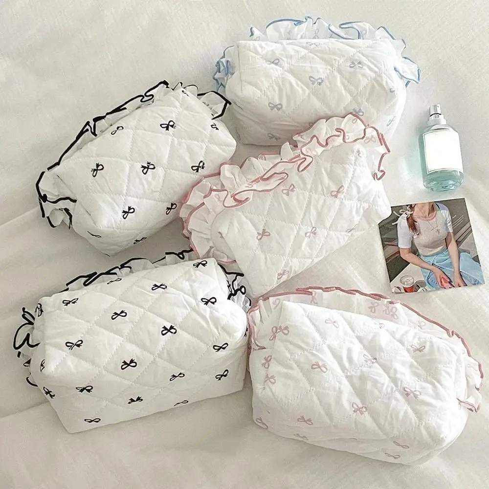 Piórnik z nadrukiem kokardek, duża pojemność, falbanka, styl INS, torba na artykuły piśmiennicze, torba na zamek błyskawiczny, rombowa kosmetyczka na szminki, dla dzieci.