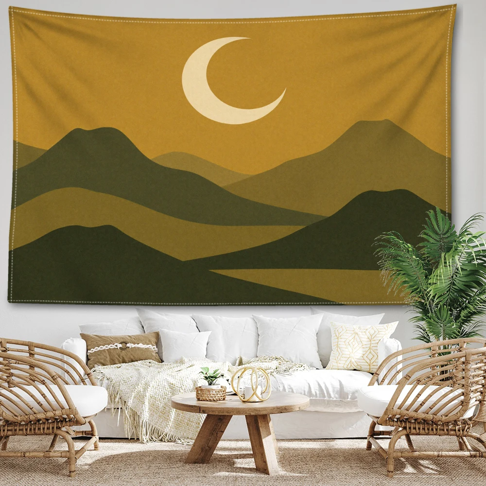 Ochre Crescent Moon Layered Mountains Wall Tapestry, Minimalist Boho Decor