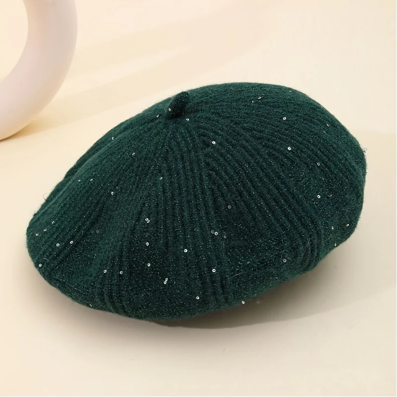 Casual Silvery Thread Sequin Blend Beret Hat Autumn Winter Vintage Thick Stripe Pattern Soft Fluffy for Gift and Daily Wear