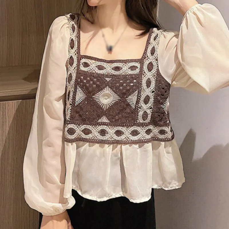 Western Style Design Autumn Korean Fashion Long-sleeved Chiffon Shirt Tanks