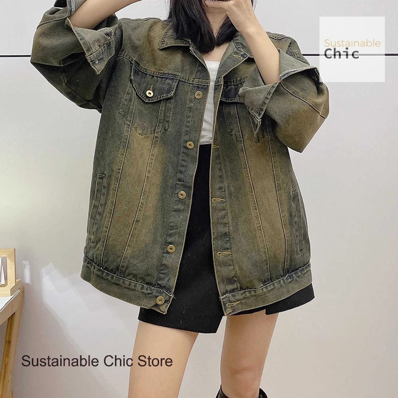 

American style retro denim jacket women's autumn new plus size loose nostalgic fashion temperament casual Joker jacket top.