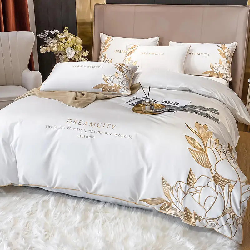 White Egypt Cotton Golden Embroidery Bedding Set Luxury 4pcs Solid Color Duvet Cover Bed Sheet Linen Pillowcases Home Textile