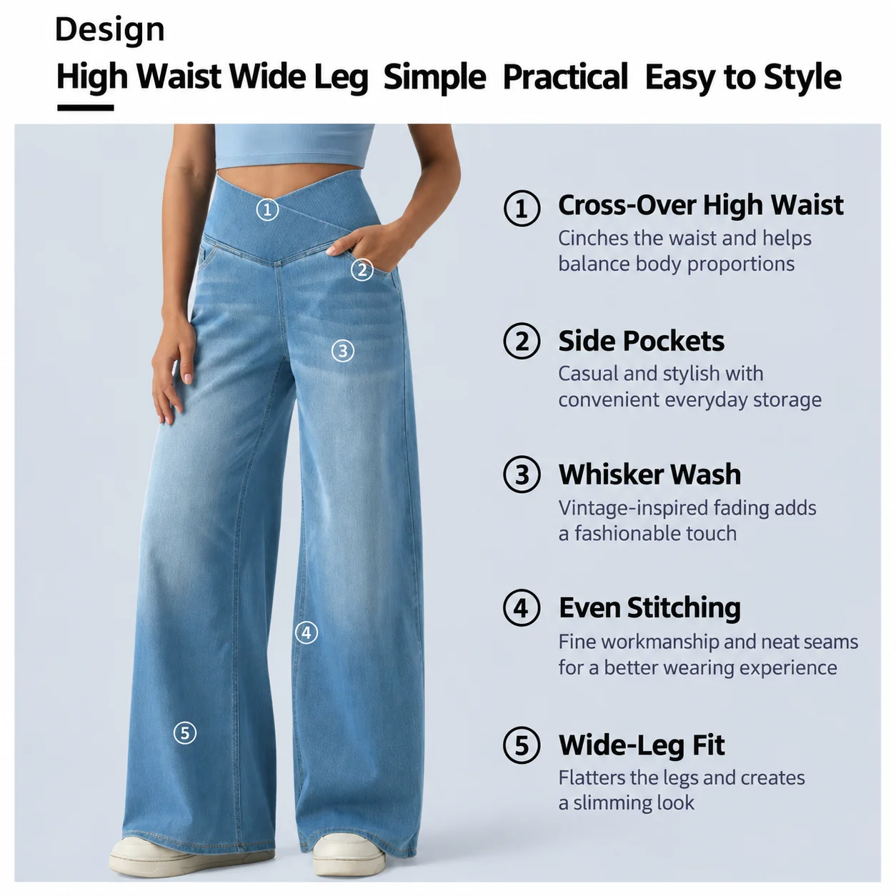 Women's Jeans 2026 Cross V High Waist Wide Leg Pants Washed Stretch Denim Trousers Casual Loose Full Length Jeans for Woman