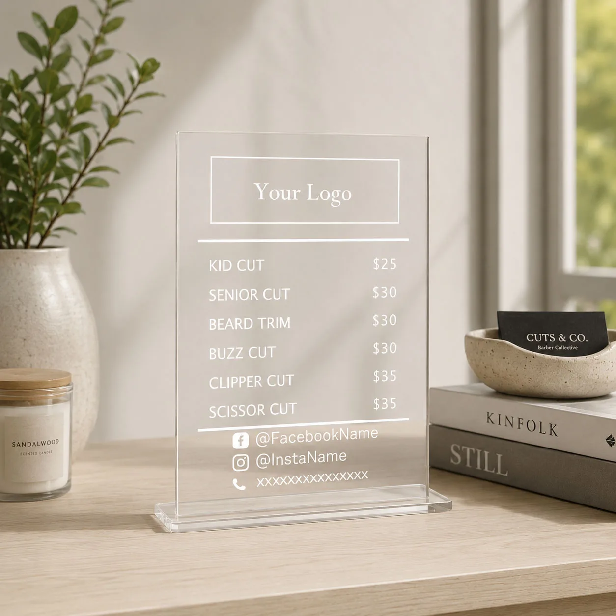 Custom Acrylic Salon Price List Sign Personalized Hair Beauty Service Menu for Spa Nail Lash Barbershop Business Display