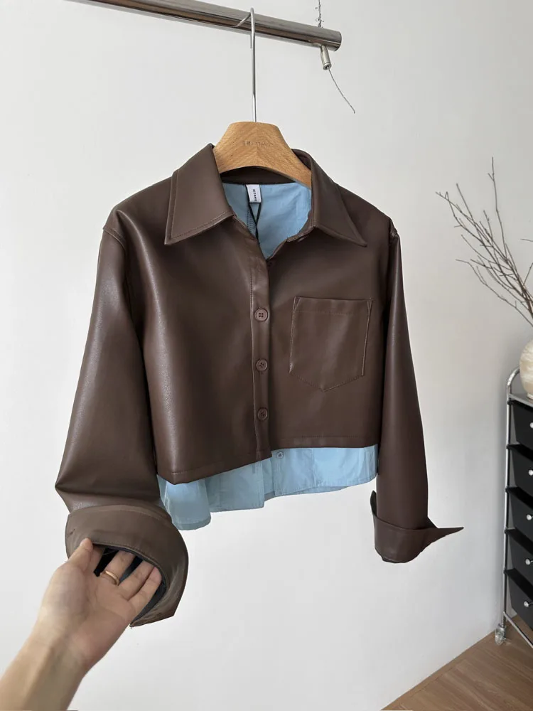 Patchwork Chic Short Leather Coat Ladies Basic Lapels American High Street Retro Fashion Tops Women Fashion