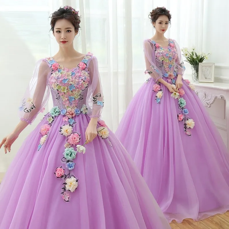 Purple Quinceaneras 2024 New V Neck Long Sleeve Quinceanera Dresses Lace Flower Fairies Plus Size Lace Up Custom Made Prom Gown