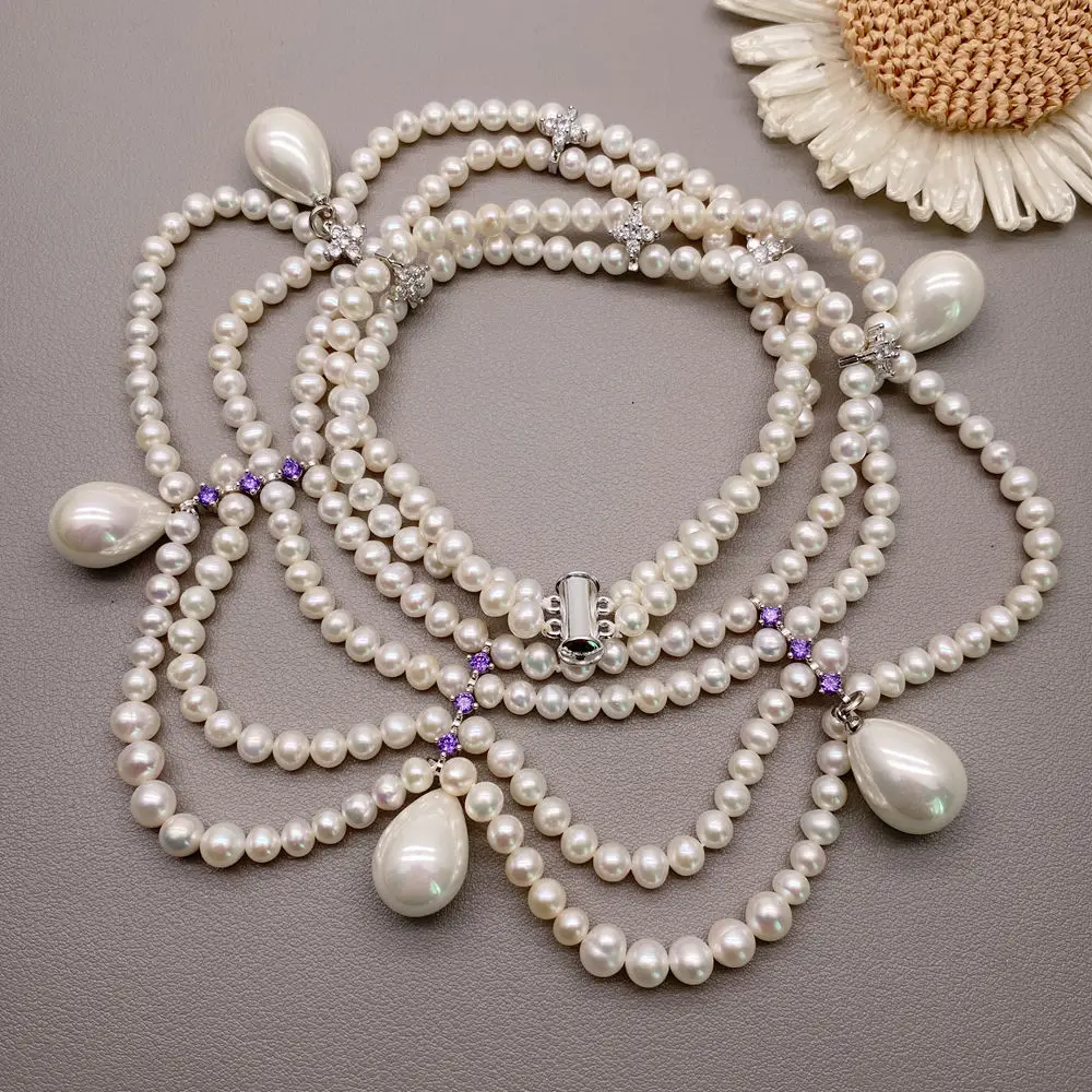 

Y·YING Cultured White Pearl Teardrop Sea Shell Pearl Pendant Necklaces Gold Tone Chain Collier Necklace Jewelry