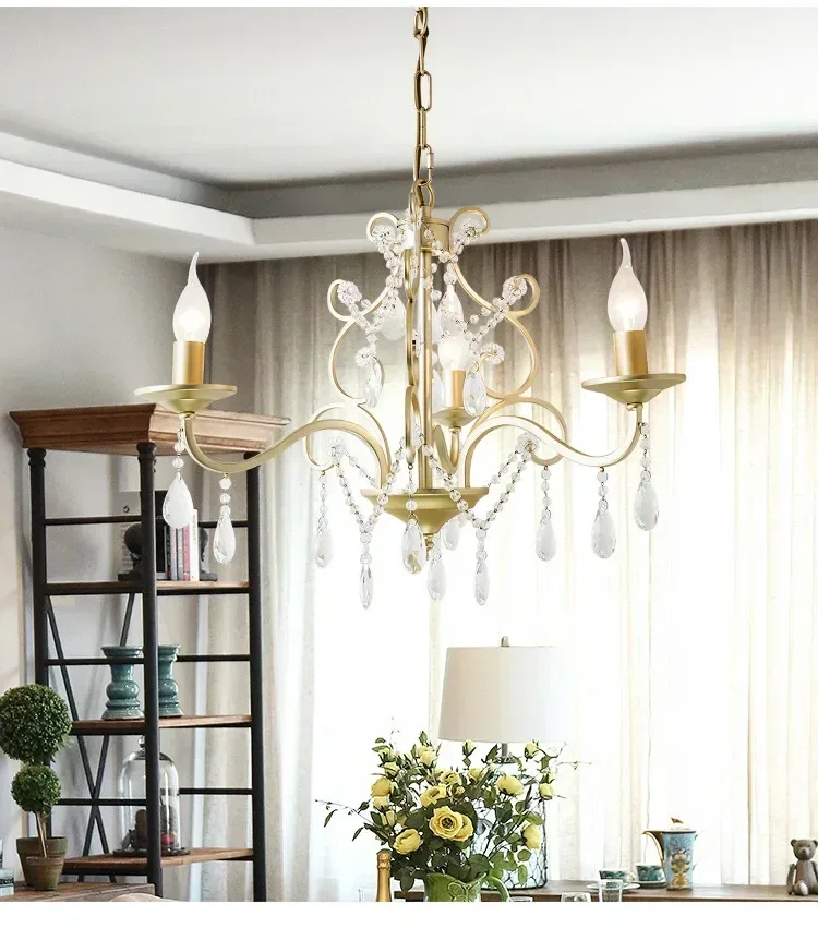

French Mediterranean American country chandelier dining room lamp living room lamp golden iron simple modern crystal chandelier