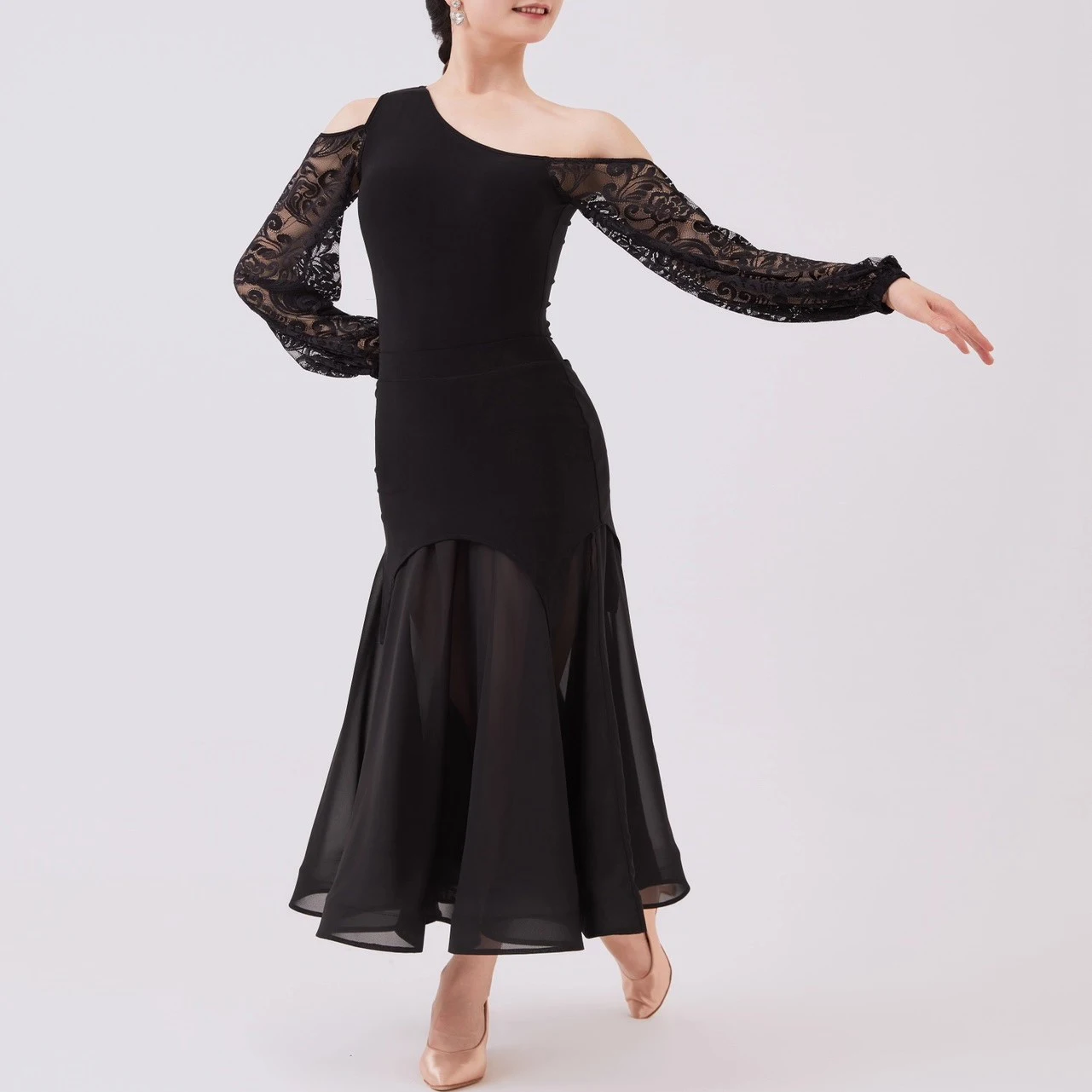 Adult Modern Dance Costume Sloping Shoulder Lace Top Waltz National Standard Dance Practice Clothing Latin Dance Clothes DN21953