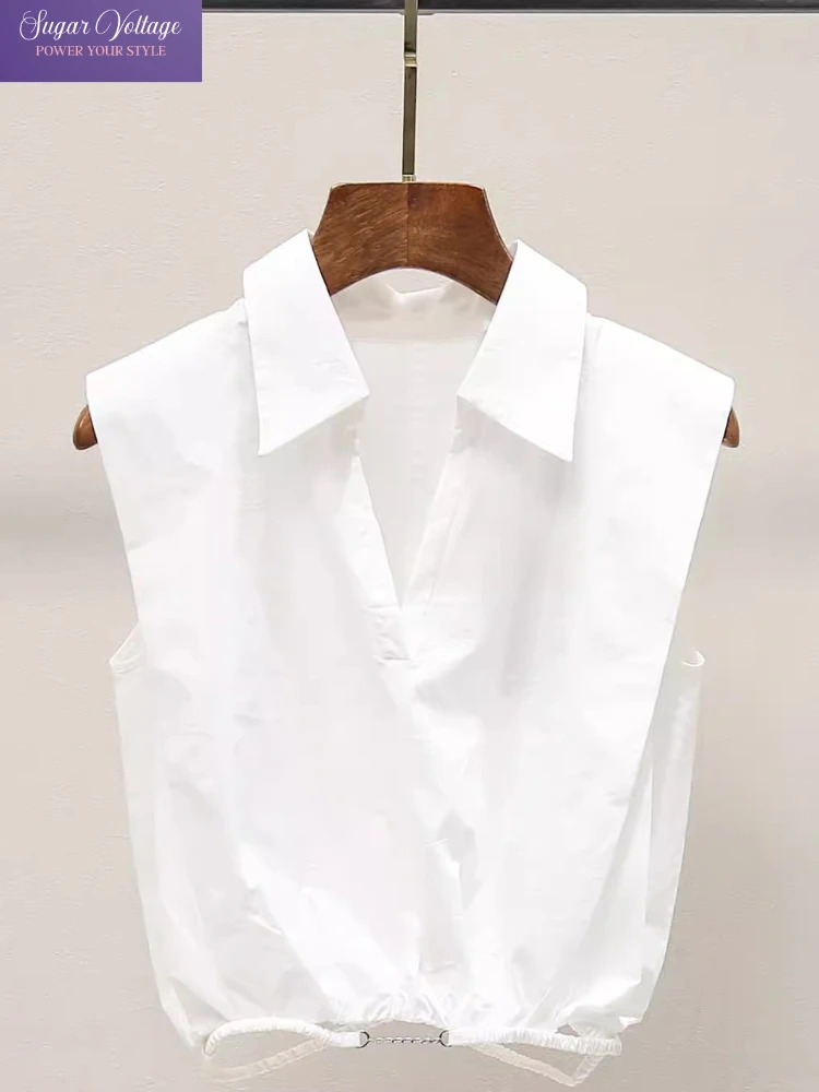

Minimalist Office Lady Style Plus Size Sleeveless Shirt Women Summer 2025 White V Neck Drawstring Hem Blouse Elegant Casual Top