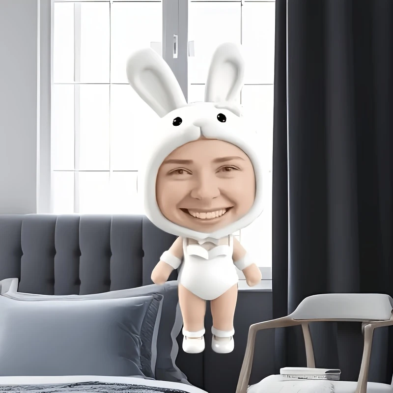 1pc - Customized Throw Pillow, Human Figure Cushion with Soft White Bunny Ear Hood Design. Upload Your Photo to Customize the Fa