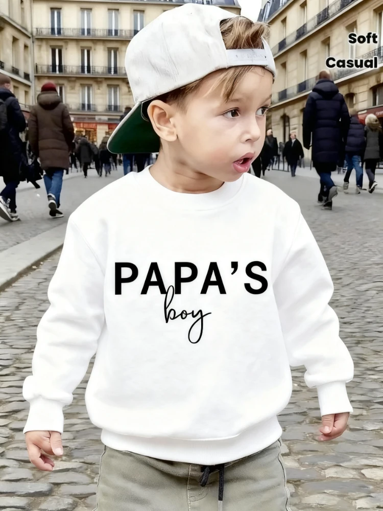 

Boys' Fall/Winter New Sweatshirt - "Papa's Boy" Letter Print, Color-Block Crew Neck, Long-Sleeve Pullover, Daily Sports Style