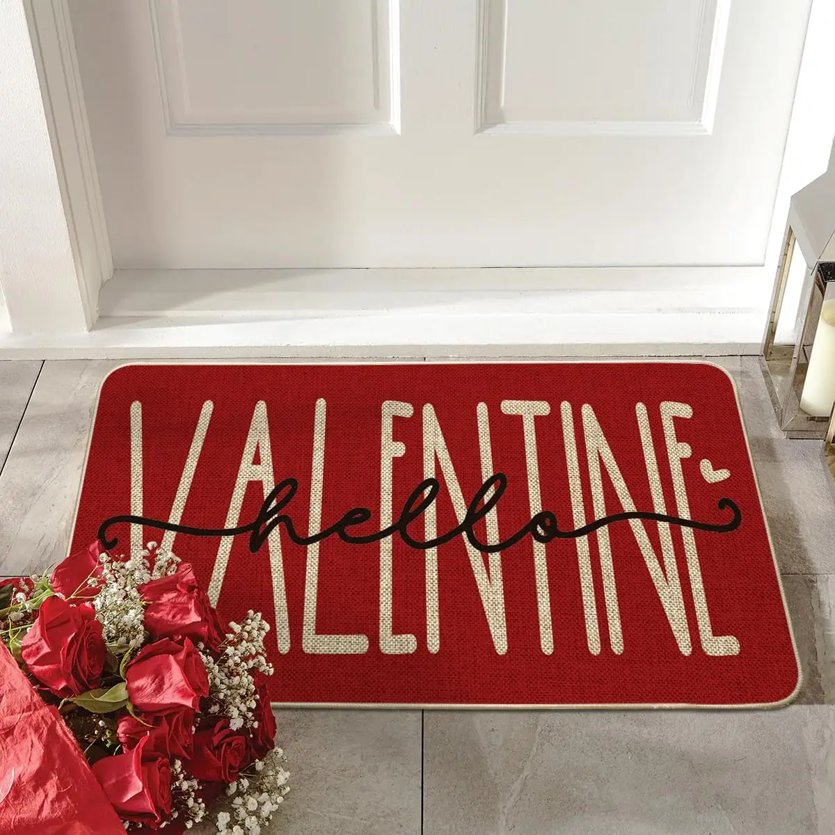 VIKAMA Hello Valentine Red Valentine's Doormat Anniversary Wedding Home Decor Low-Profile Rug Switch Mat for Indoor Outdoor