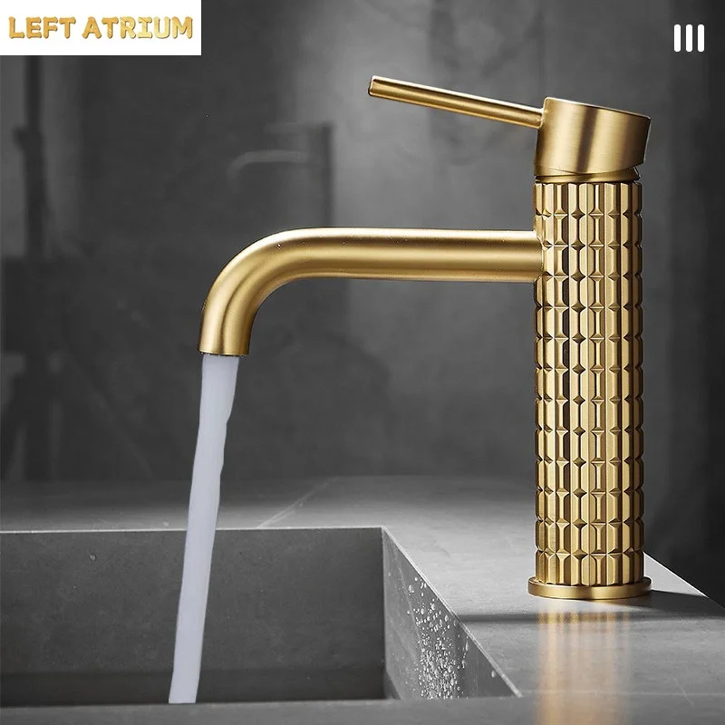 Brushed gold all copper light luxury basin faucet Home hotel bathroom bathroom cabinet Hot and cold washbasin faucet anti-splash