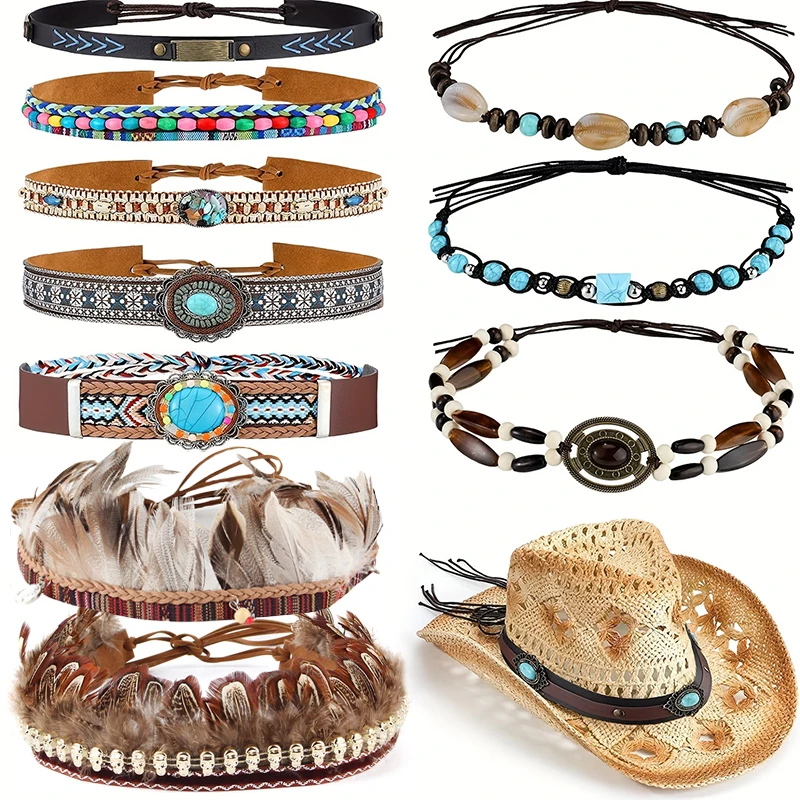 Bandes de chapeau tressées de style ethnique vintage pour hommes et femmes, mode réglable, paille Cowboy, ander, ceinture de chapeau, accessoires de chapeau Boho