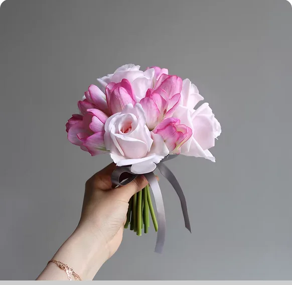 Small bouquet of bridesmaids, sisters, flower girls, wedding photography simulation, bouquet of flowers, home office table, silk