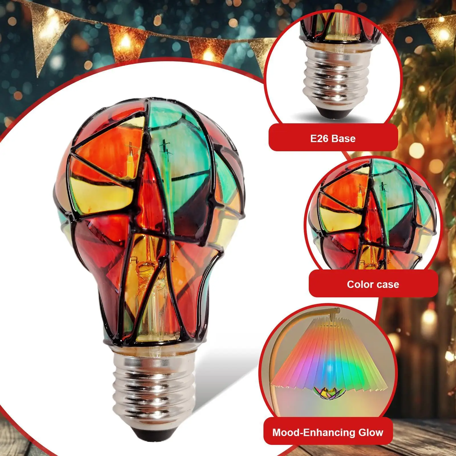 Stained Glass Bulb E26 Base Bulb 4W 230V Bedside Lamp for Indoor Bedroom Garden Balcony Restaurant Bar Night Christmas Party