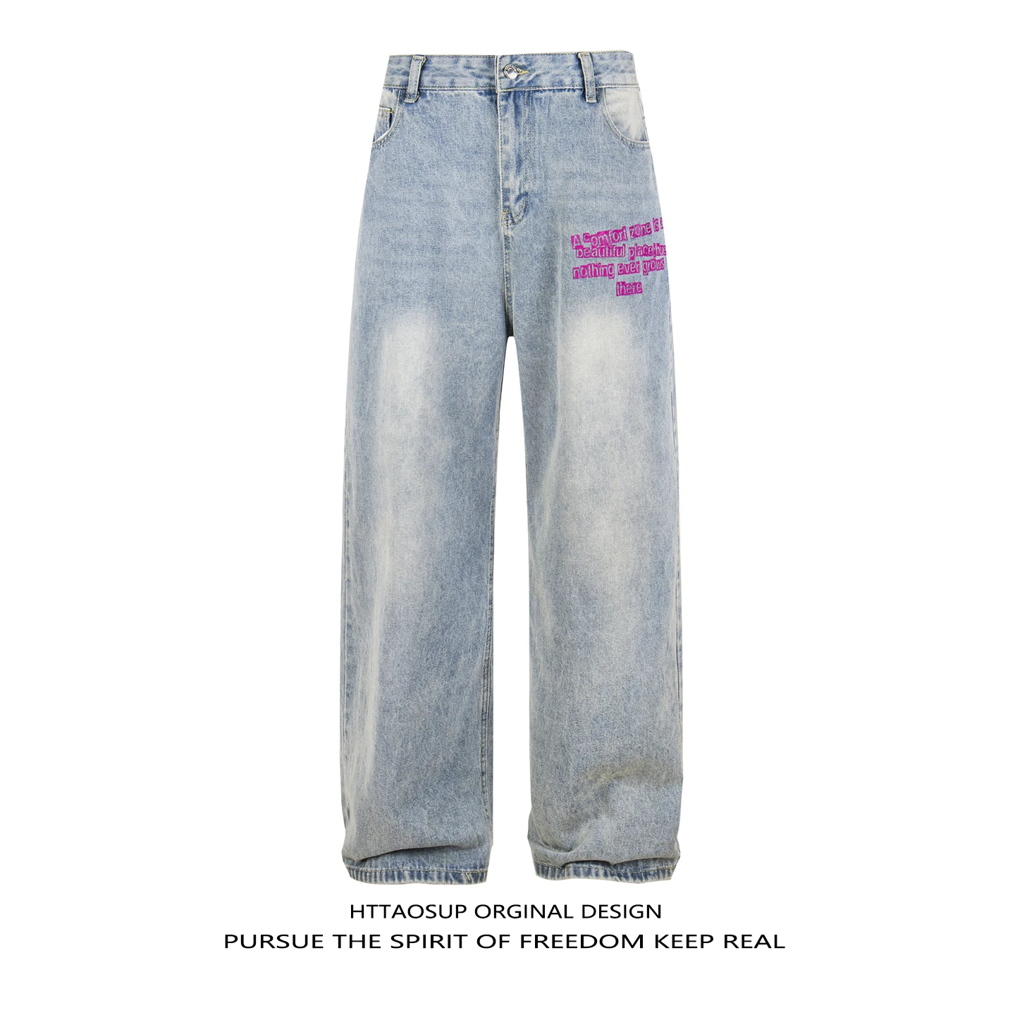 HTTAOSUP Original American Retro Graffiti Pocket Embroidered Straight Leg Jeans Women Loose Wide Leg Fun Long Pants