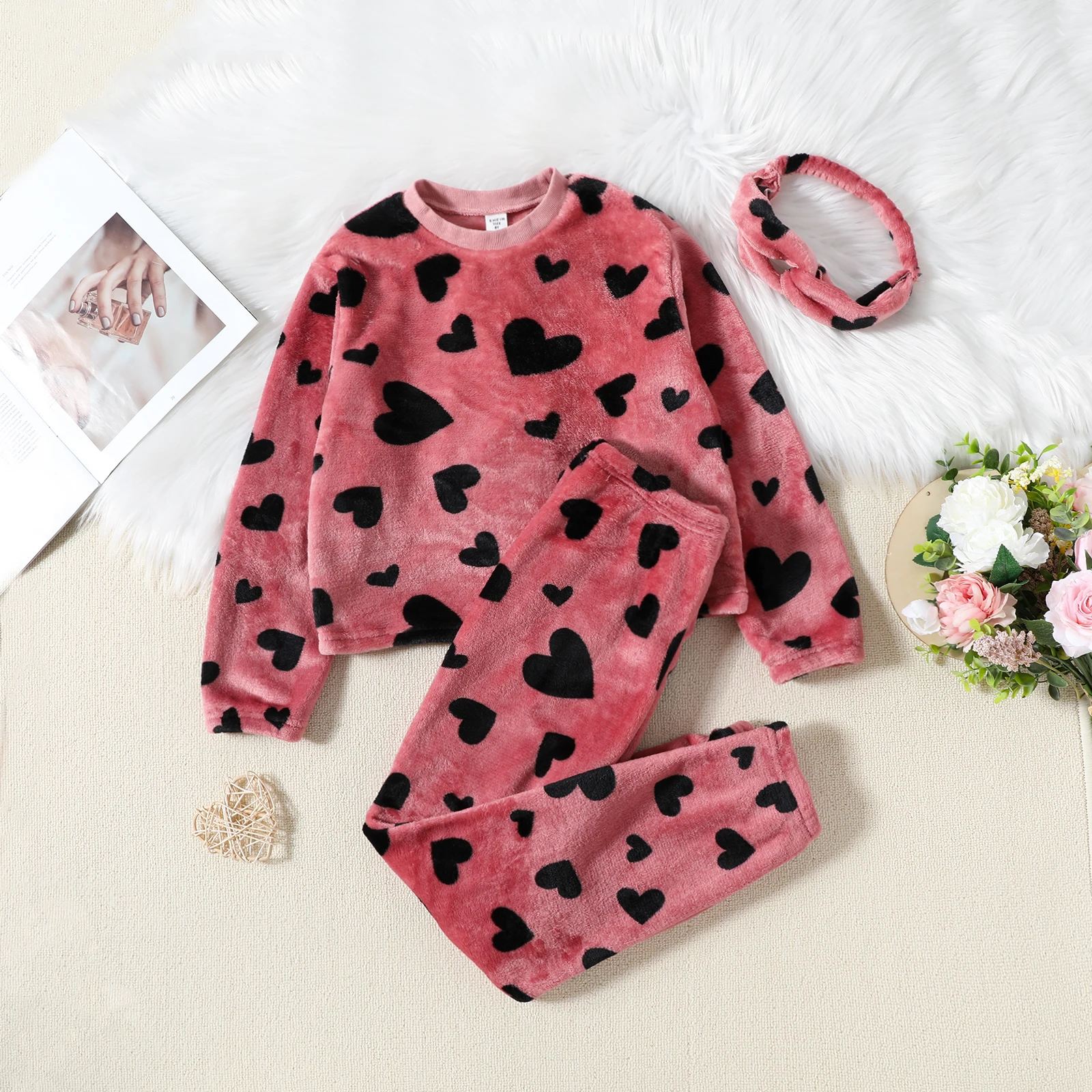 

Розовый пушистый топ с длинными рукавами и круглым вырезом, брюки и повязка на голову для девочек, комплект из трех предметов