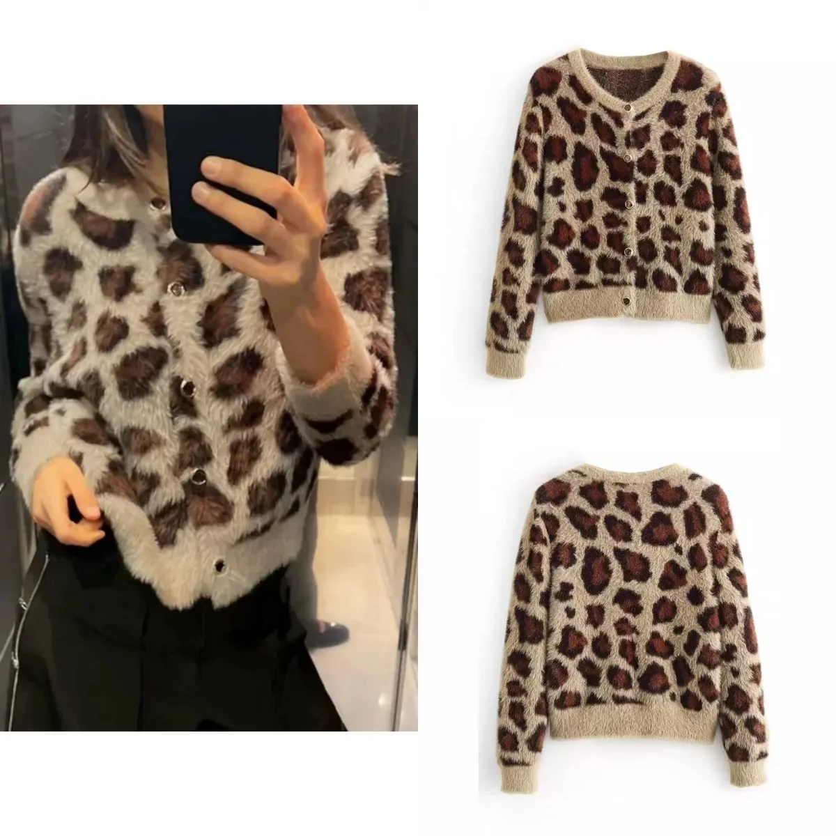 Women Fashion Leopard Print Fur Effective Short Knitting Sweater Female Chic Long Sleeve Buttons Kimono Coats Tops