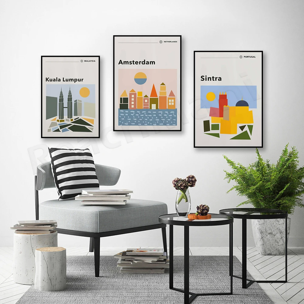 Sintra Portugal, Amsterdam Netherlands, Kuala Lumpur Malaysia skyline minimalism travel poster, mid century modern bauhaus poste