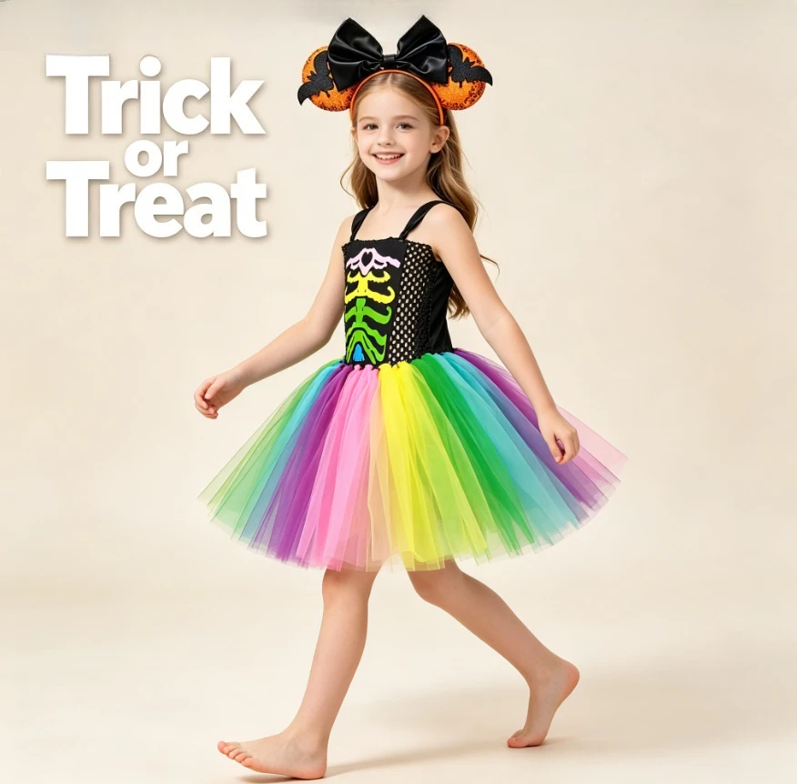 Children Halloween Carnival Party Role Play Colorful Skull Style Fashion Layered Tulle Tutu Dress With Sequin Headband Outfit