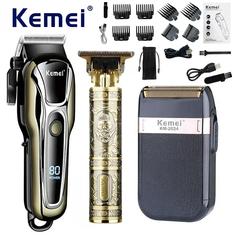 

Kemei KM-PG1990A KM-T9 KM-2024 Professional Men's Barber Set Men's Electric Razor Electric Barber Hair Clippers Trimmer for Men
