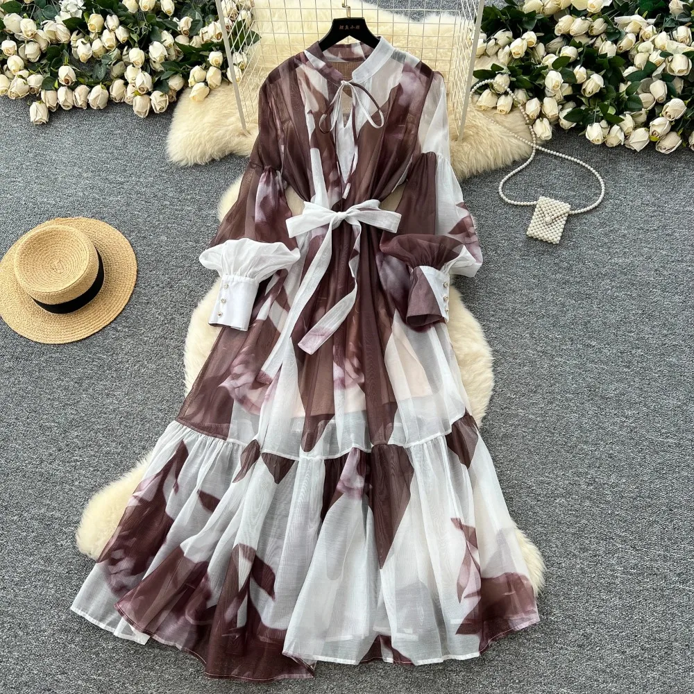 Vestido Sexy de manga larga con estampado dulce de malla, vestidos largos elegantes Vintage para fiesta de noche y Club para mujer, vestidos largos de playa de verano