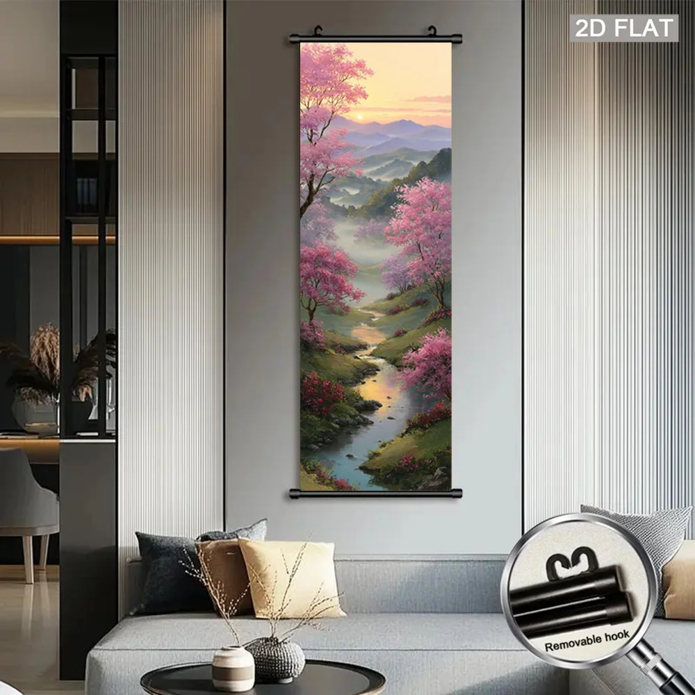 VIKAMA Pink Cherry Blossom Valley Wall Art Hanging Scroll Poster Asian Canvas Art Print for Living Room Bedroom Home Decor
