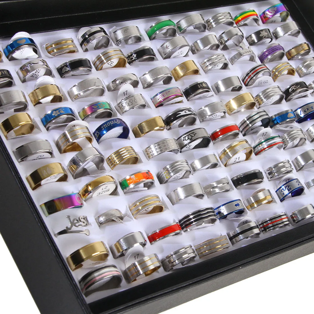 100 قطعة/صندوق خواتم مختلط الحجم للجنسين الرجال النساء خاتم موضة السائبة فنجر باند حلقة مساء حفلة الفولاذ المقاوم للصدأ مجوهرات فاخرة