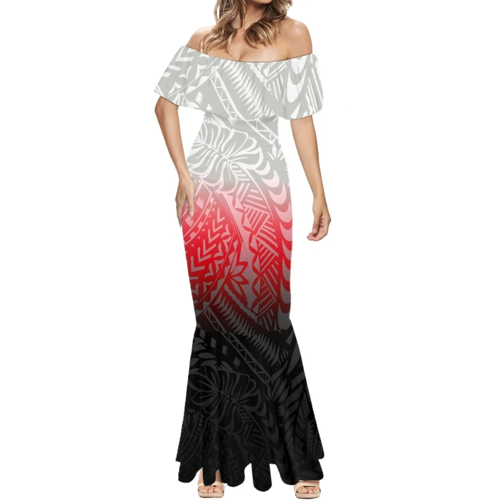 PolynesiaTattoo Print Elegance Party One-Shoulder Beach Dress Summer Women Clothin Formal Occasion Short Sleeve Fishtail Dress