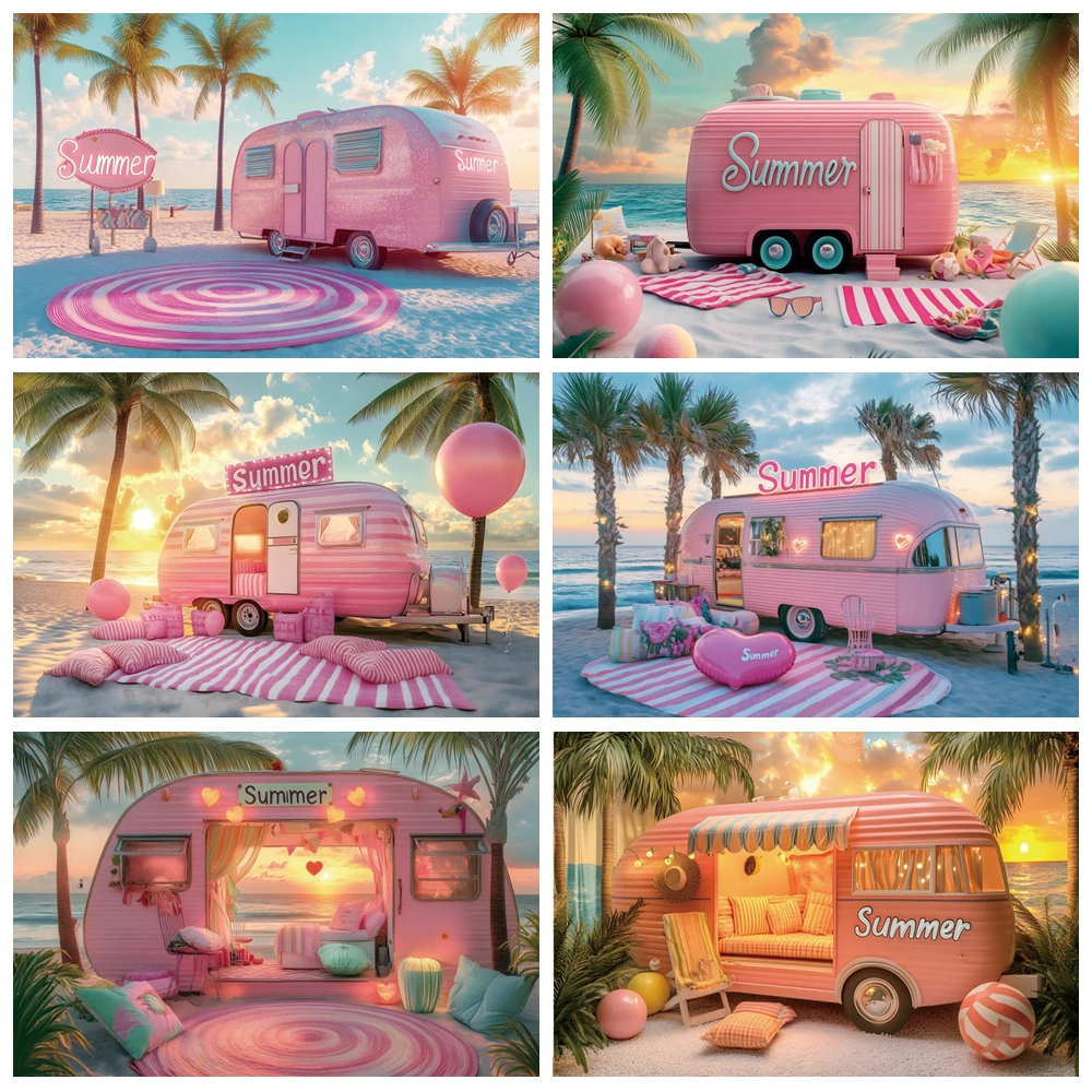 

Summer Beach Backdrop Tropical Hawaiian Seaside Sunset Dusk Pink Bus Palm Tree Birthday Holiday Party Photography Background