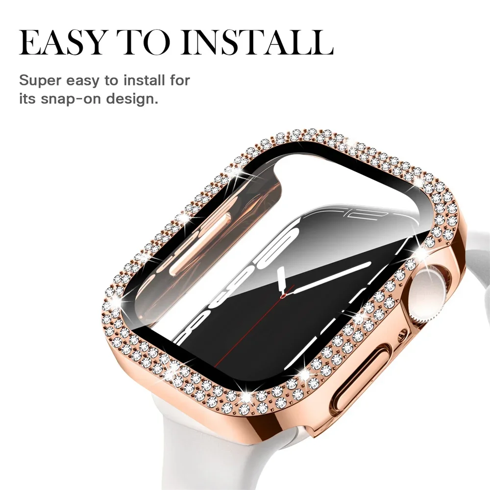 Bling Glass+Cover For Apple Watch Case 44mm 45 41mm 40mm 44 mm women Diamond bumper+Screen Protector iwatch series 7 9 8 5 6 SE