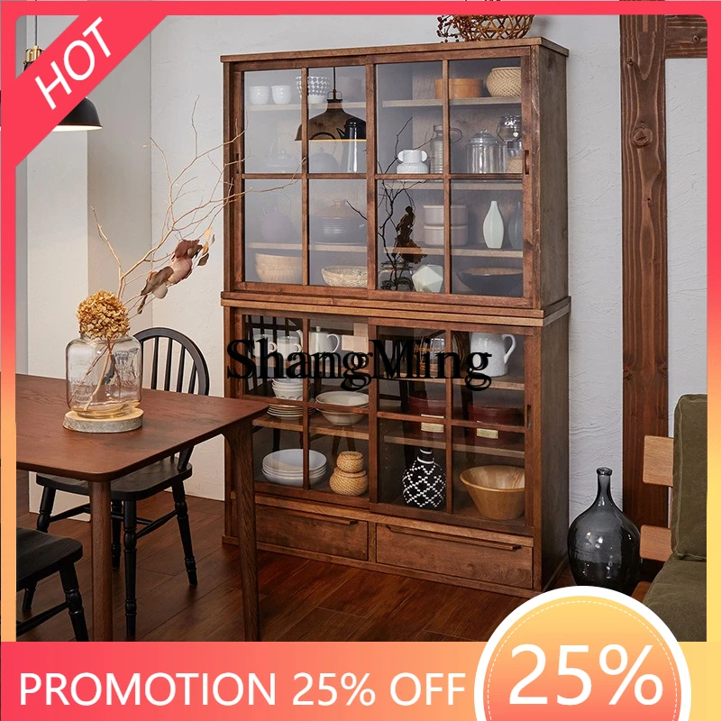 

SM wood retro kitchen low cabinet black walnut storage cabinet living room storage tea cabinet