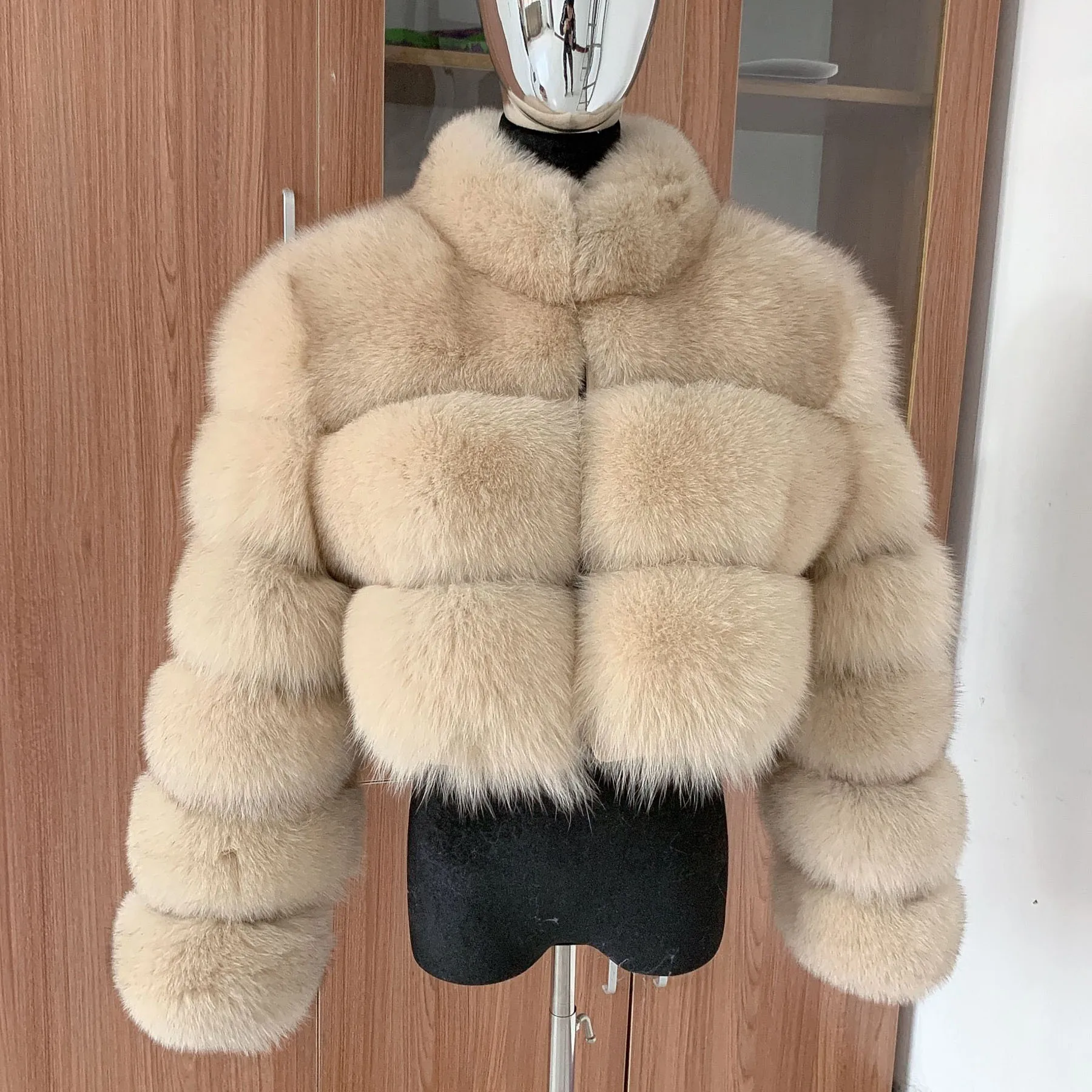 Damen Real Fox Pelz Kurz mantel mit Stehkragen Winter Frau Natur pelz Jacke hohe Taille Stil und Waschbär Pelzmantel Luxus