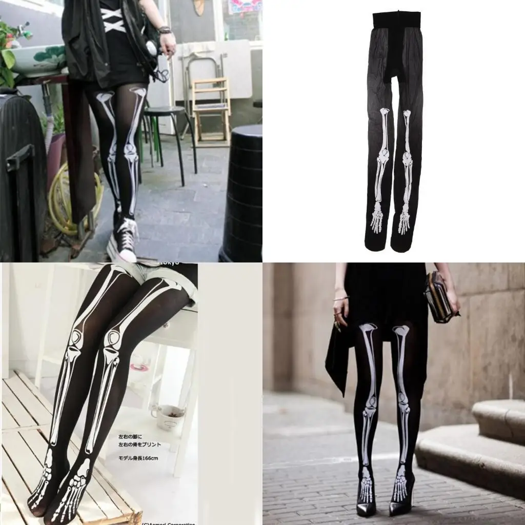 

R1WE Halloween Leggings Skeleton Printed Cosplay Tights Women Japanese Creativity Funny Stockings Bone Socks for Party Bar
