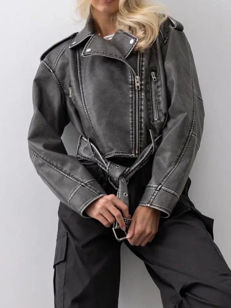 FTLZZ New Spring Autumn Vintage Faux Leather Short Jacket with Belt Women Streetwear Turn-down Collar Zipper Moto Biker Pu Coat