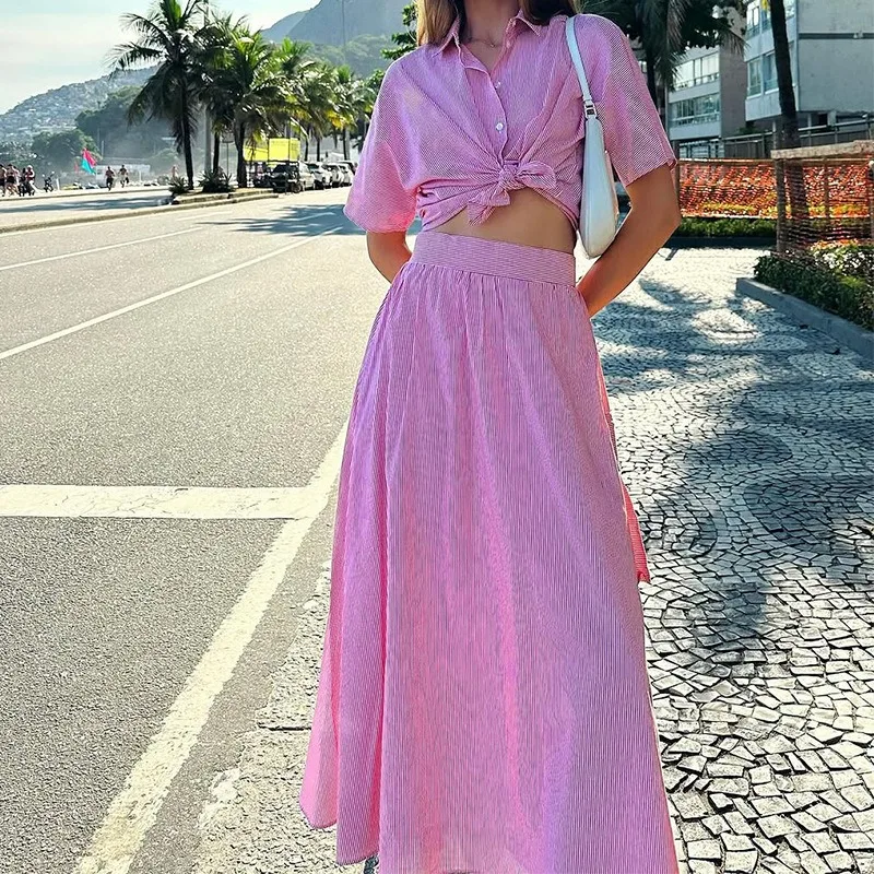 

2 Piece Sets Womens Outifits Summer 2025 New Dress Red Stripe Holiday Style Lady Midi Robe Short-sleeved Shirt Skirts Suits