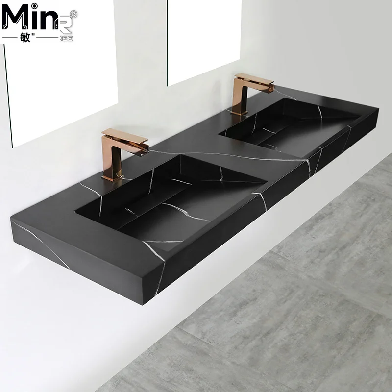 Wall Mounted Double Public Bathroom Sink Black Marble Cabinet Solid Surface Vanity Top Bathroom Sink Unit for Commercial