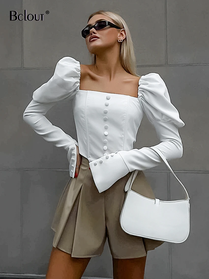 Blout Fashion Satin White Shirts Blouses Women Elegant Square Collar Puff Sleeve Sexy Tops Autumn Solid Button Ruched Party Tops