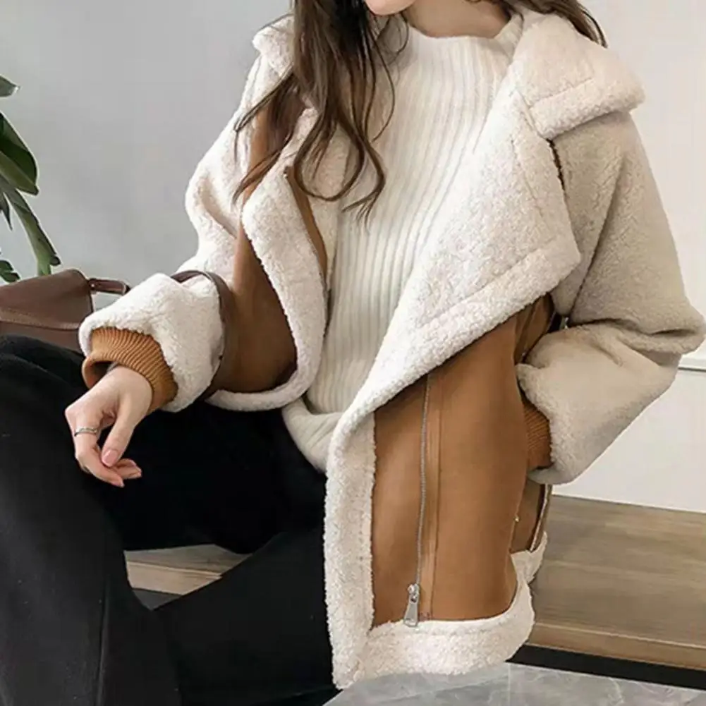 

Fall Winter Women Jacket Thick Heat Retention Loose Turn-down Collar Long Sleeves Zippered Pockets Lambswool Colorblock Coat